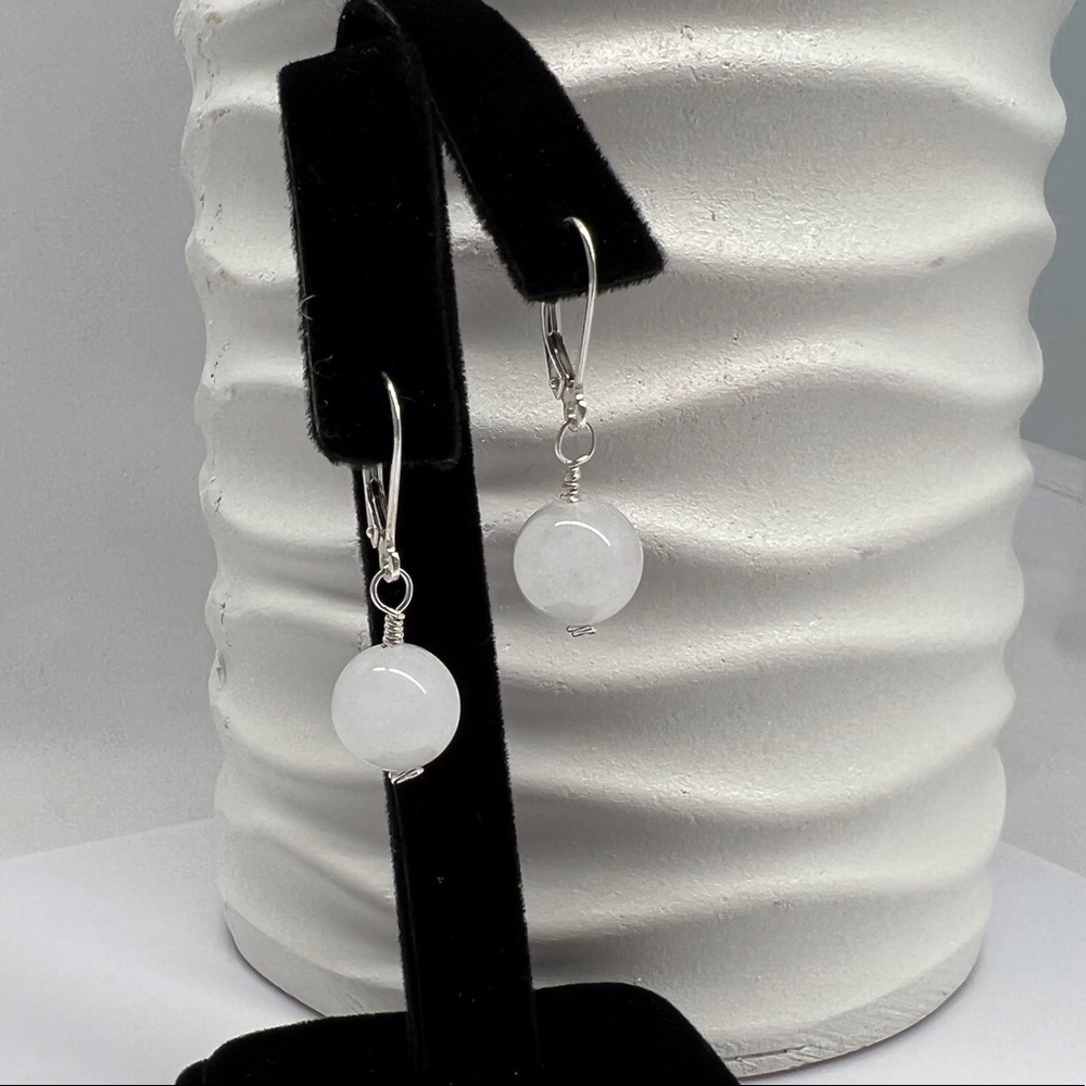 ARTISAN Milky White Jade Sterling Silver Lever Back Earrings